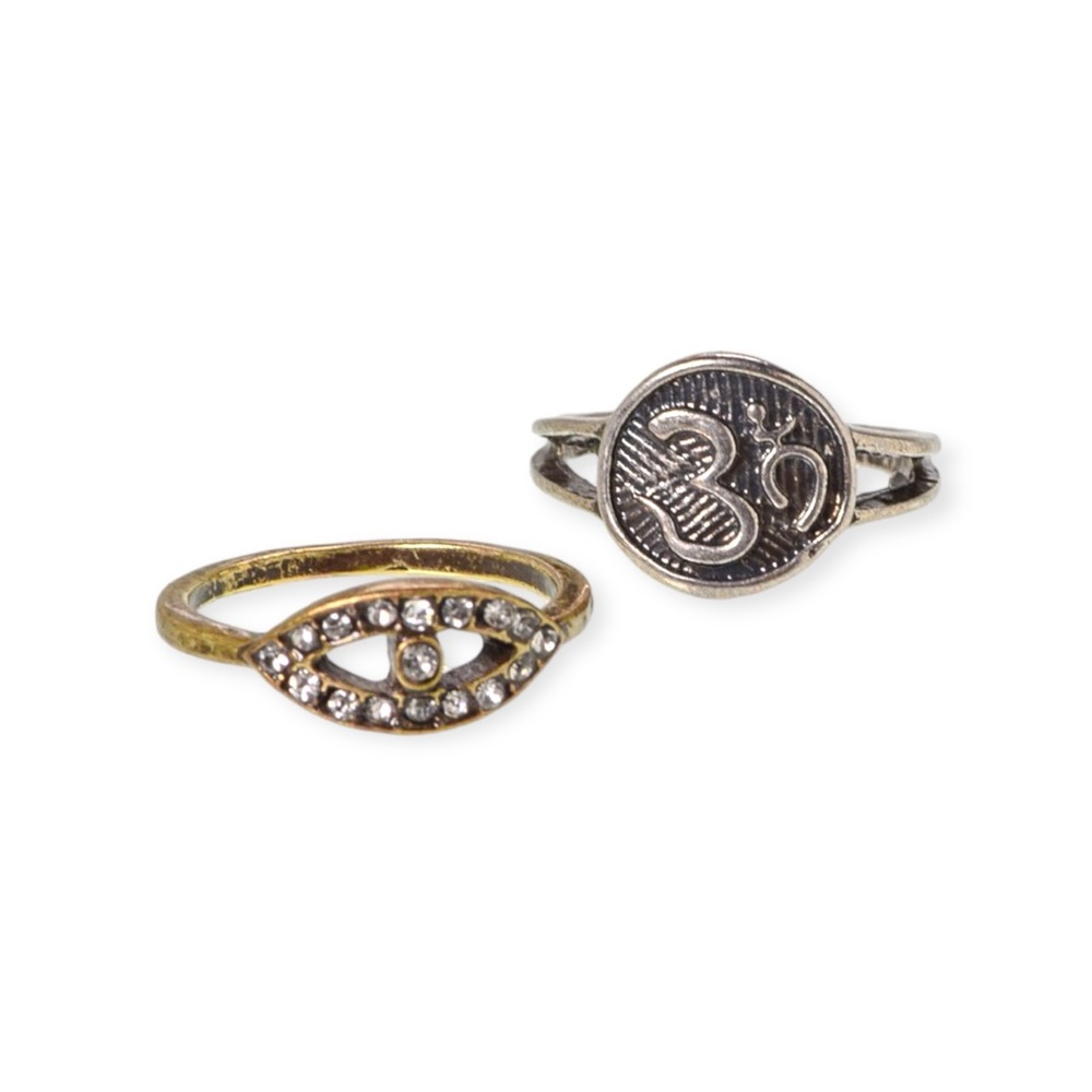 Women Mystical Vintage Ring Lot Evil Eye OM OHM Rhinestone Silver Copper Jewelry